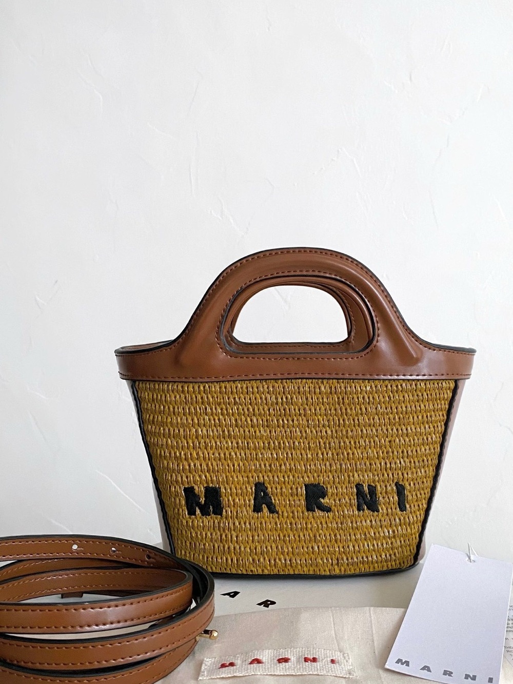 Marni Yellow Straw Mini Tote with Brown Leather Trim❤️